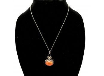 Sterling Silver Necklace W/ Pendant Orange Stone