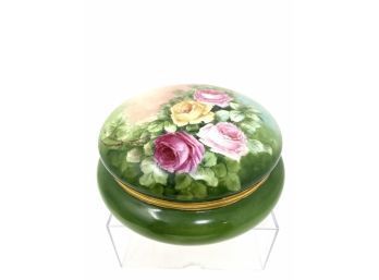 Limoges France Hand Painted Green Round Trinket Box