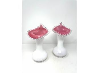 Pair Of Vintage Fenton Pink Ruffle Crest Vases Tall