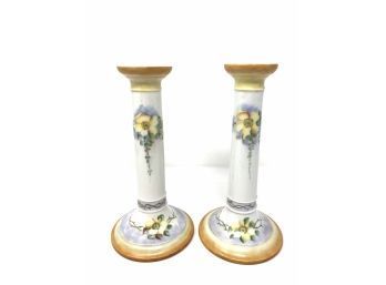 Antique Pair Of Limoges Candlestick Holders - Hand Painted
