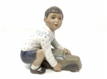 Royal Copenhagen Dahl Jensen Figurine - Boy With Car - Mint