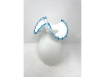 Vintage Fenton Aqua Crest Milk Glass Vase Crimped