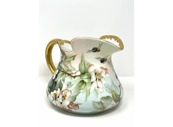 Limoges Hand Painted Pitcher With Flowers And Bees - Signed E. Miler