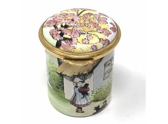 Staffordshire Enamels Trinket Box With Cottage And Pets Scene