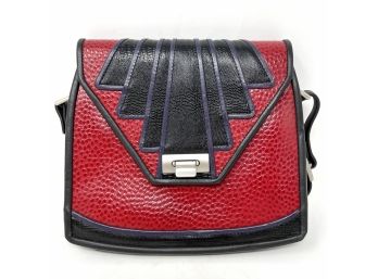 Red And Black Leather Handbag With Art Deco Inspired Design