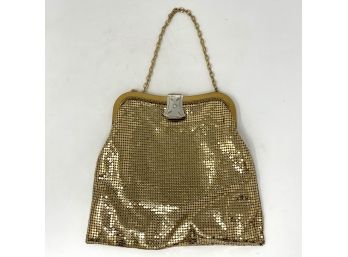Vintage  Gold Tone Whiting And Davis Mesh Bag With Mother-of-pearl Look And Rhinestone Clasp