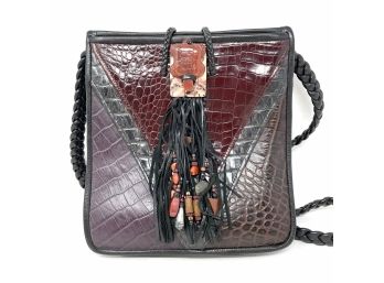 Unique Leather Handbag With Stone Turtle And Fringed Closure Details - Unmarked