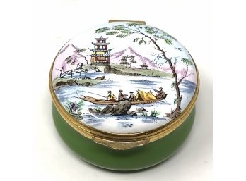 Crummles And Co Enamel Trinket Box  With Asian  Fishing Scene