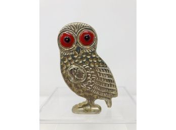 MCM 4.25' Brass Owl With Red Enamel Eyes