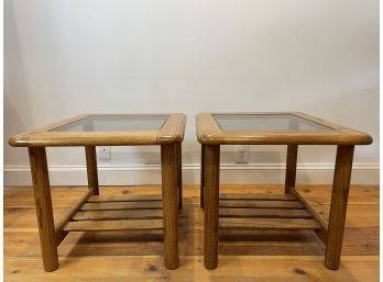 Pair Of 1970's Mersman Oak And Smoke Glass Side Tables