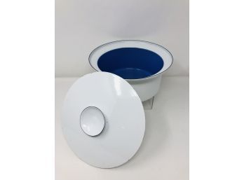 RARE White And Cobalt Catherine Holmes Covered Enameled Pot