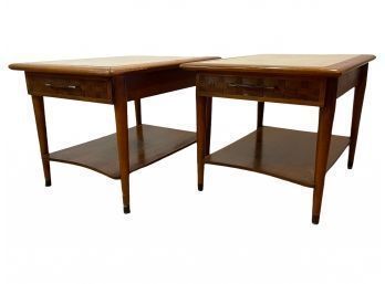 Pair Of Lane Perception Style Basketweave Side Tables Or Nightstands Inset Travertine Top