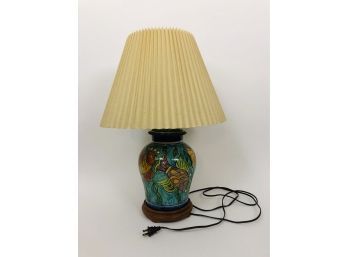 Painted Ceramic Lamp With Pleated Shade