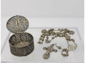 Silver Filigree Rosary And Box