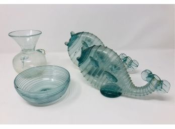 Collection Of Handblown Glass Fish And Vessel