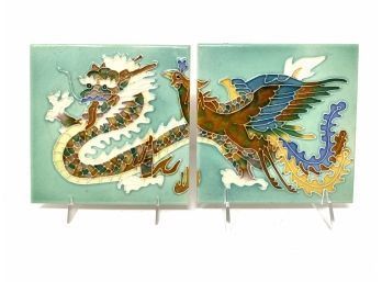 Pair Of Mid Century Hand Painted Dragon Tiles