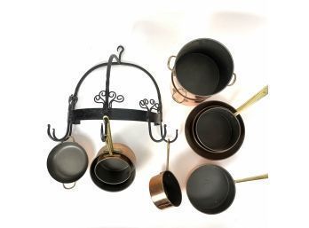Large Collection Of Copper Pots And Pans With Cast Iron Pot Rack