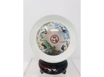 Vintage Crystal Ball Reverse Hand Painted Chinese Painting On Rotating Stand