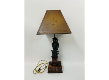 Bronze Owl With Wood Base Lamp - In Working Condition - Intricate Detail - Beautiful And Unique