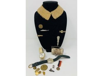 Antique Advertising Box Filled With Military Items, Antique Watch, Womens Beaded Collar And More!