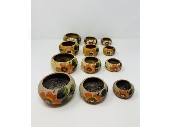 Large Collection Of Mexican Hand Painted Terra Cotta Planters 12 Total