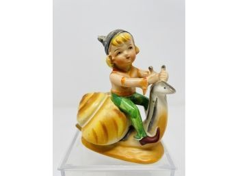 Occupied Japan Ceramic Figurine Of A Girl Elf/pixie Riding On The Back Of A Snail