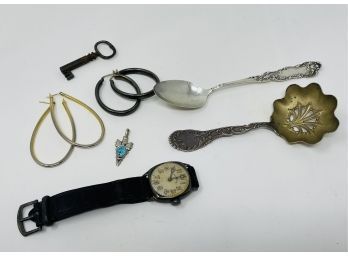 Collection Of Antique Items Including An Old Illinois Mens Watch And Sterling Spoon