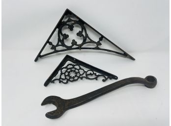 Antique Cast Iron Shelf Brackets - Mismatched With Tool