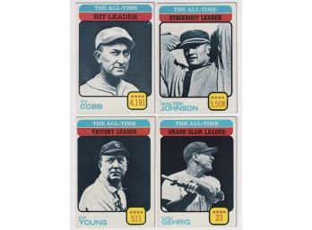 Lot Of 4 1973 Topps All Time Leaders Including Gehrig, Young, And Cobb