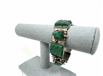 Mexican Sterling Silver And Carved Green Stone Link Bracelet