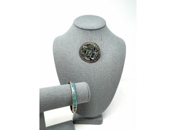 Silver And Crushed Turquoise Pin And Cuff Bracelet