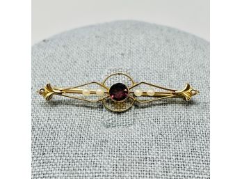 Antique 14k Bar Pin With Seed Pearls And Amethyst