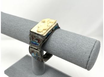 Antique Chinese Sterling Silver Enamel Bracelet With Carved Bone Center Accent