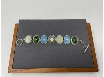 Signed Artisan Sterling Silver Toggle Clasp Bracelet  W Yellow And Blue Chalcedony, Citrine, Green Jade Stones