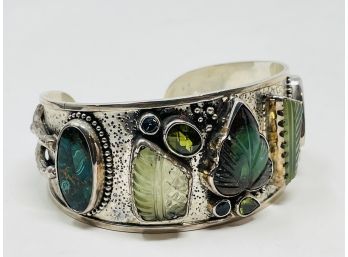 Artisan Signed Sterling Silver Cuff W Boulder Opal, Carved Peridot, Green And Blue Motif