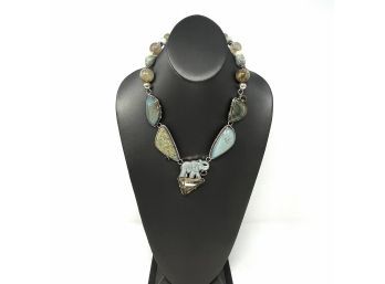 Artisan Signed Sterling Silver Necklace W Stone Beads Bezel Set Agate, Baby Blue Drusy, Carved Jade Elephant