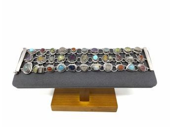 Artisan Signed Sterling Silver 3 Strand Multi Stone Slide Pin Clasp Link Bracelet