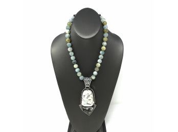 Artisan Signed Sterling Silver Necklace W Jade Beads And Bezel Set Carved Jade, Aqua, And Drusy Pendant