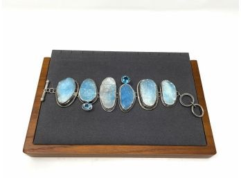 Signed Artisan Sterling Silver Toggle Clasp Bracelet  W Blue And White Slag Glass And Topaz Stones