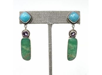Artisan Signed Sterling Silver Post Earrings W Green And Blue Turquoise And Amethyst Gemstones