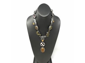 Signed Sterling Silver And Brass Artisan Necklace With Bezel Set Animal Print Findings, Gold Drusy, And Onyx