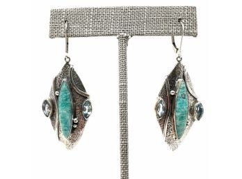 Artisan Signed Sterling Silver French Back Earrings W Turquoise And Aqua Stones