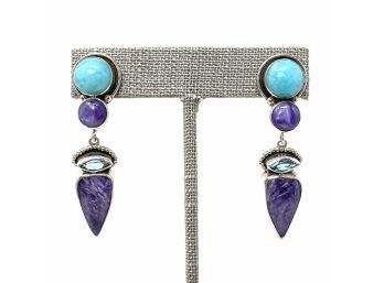 Artisan Sterling Silver Signed Post Earrings W Turquoise, Sugilite, And Topaz Stones