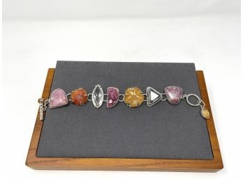 Signed Artisan Sterling Silver Toggle Clasp Bracelet W Carved Flower Agates, Quartz, And Pink Thulite Stones
