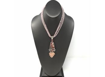 Signed Sterling Silver Necklace W Pink Quartz Micro Beads, Bezel Set Crazy Lace Agate- Carved Pink Quartz