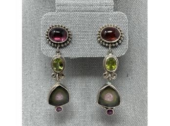 Artisan Signed Sterling Silver Earrings W Pink Tourmaline, Peridot, And Watermelon Agate