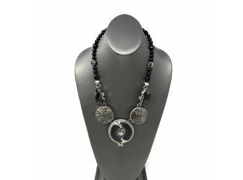 Artisan Signed Sterling Silver Necklace W Black Onyx Beads And Bezel Set Onyx, Black Drusy, And Carved Abalone