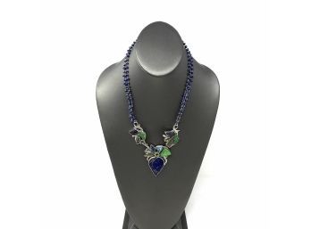 Signed Sterling Necklace W Faceted Sodalite Beads And Bezeled Carved Sodalite, Opal, Green Drusy, And Peridot
