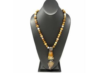Artisan Signed Sterling Silver Necklace W Yellow Jasper Beads, Carved Agate, And Yellow Drusy Stones