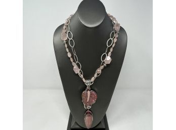 Signed Sterling Silver Artisan Necklace W Rose Quartz And PinkRose Colored Bezel Set Gemstones